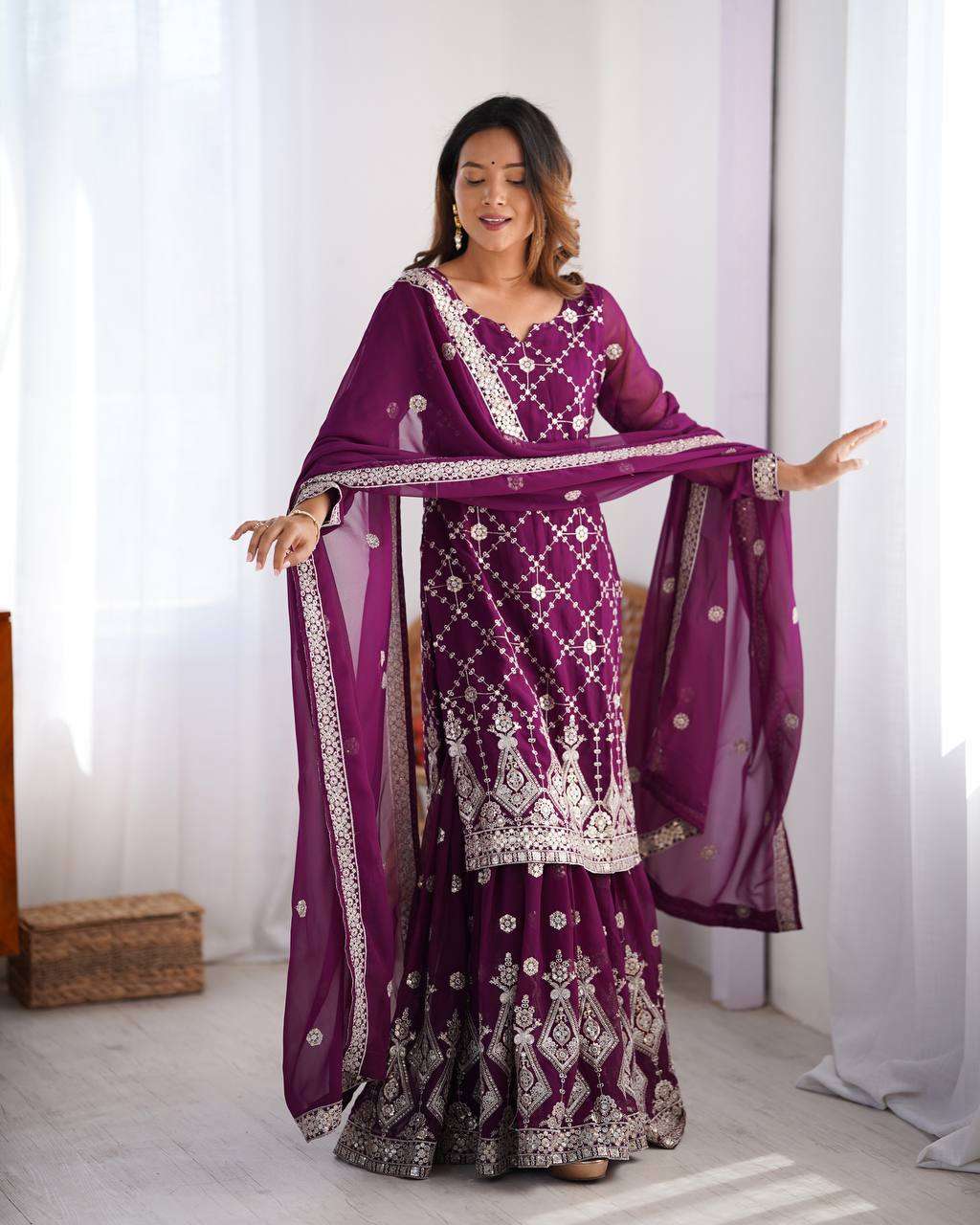 Women's Georgette Embroidery Work Straight Kurta With Sharara Suit and Dupatta Set