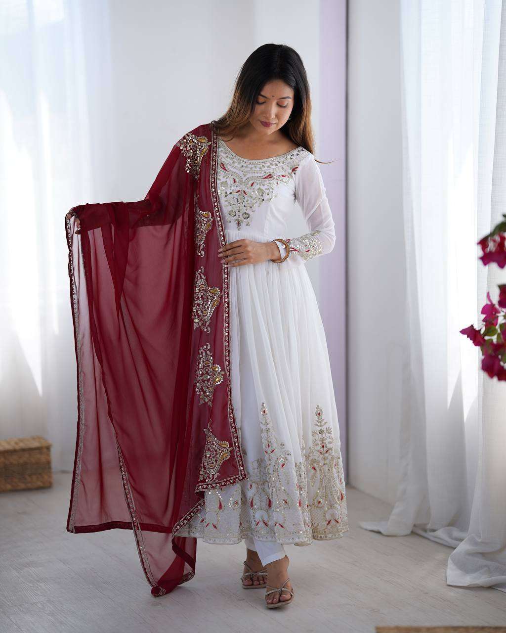 Women's Georgette Embroidery Sequence Work Anarkali Kurti With Dupatta Set - Image 3