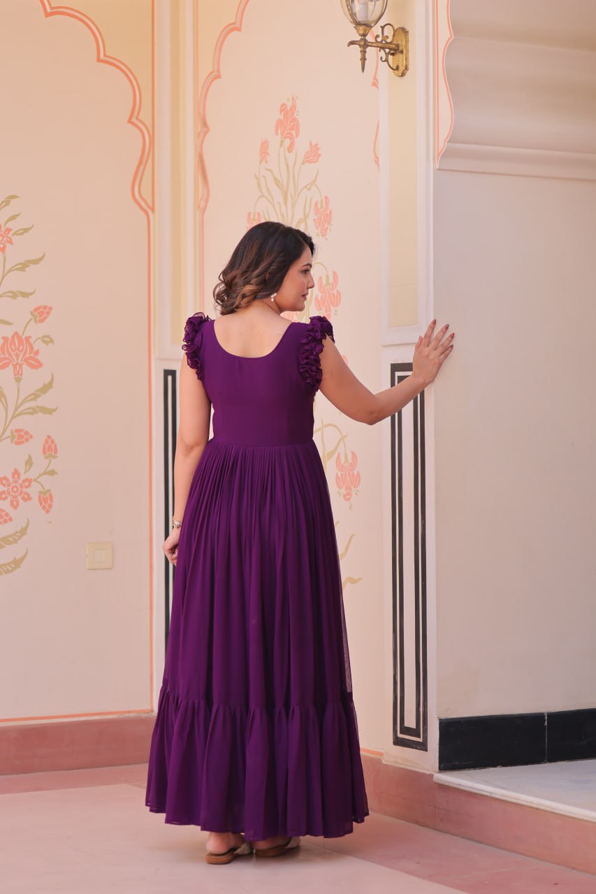 Women's Elegant Plum Purple Georgette Anarkali Gown with Butterfly Applique & Ruffle Sleeves – Festive & Special Occasion Wear - Image 19