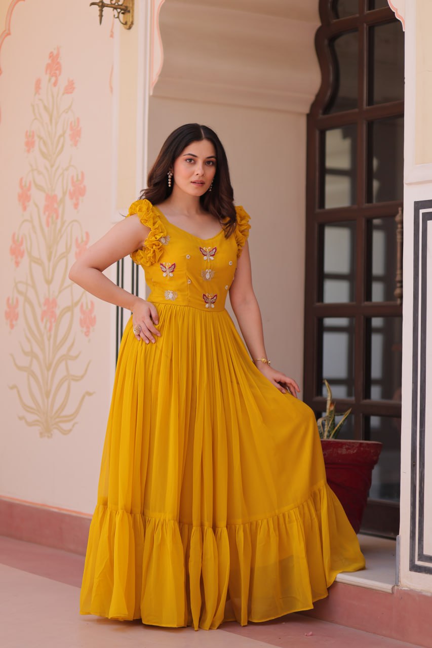 Women's Elegant Plum Purple Georgette Anarkali Gown with Butterfly Applique & Ruffle Sleeves – Festive & Special Occasion Wear - Image 3